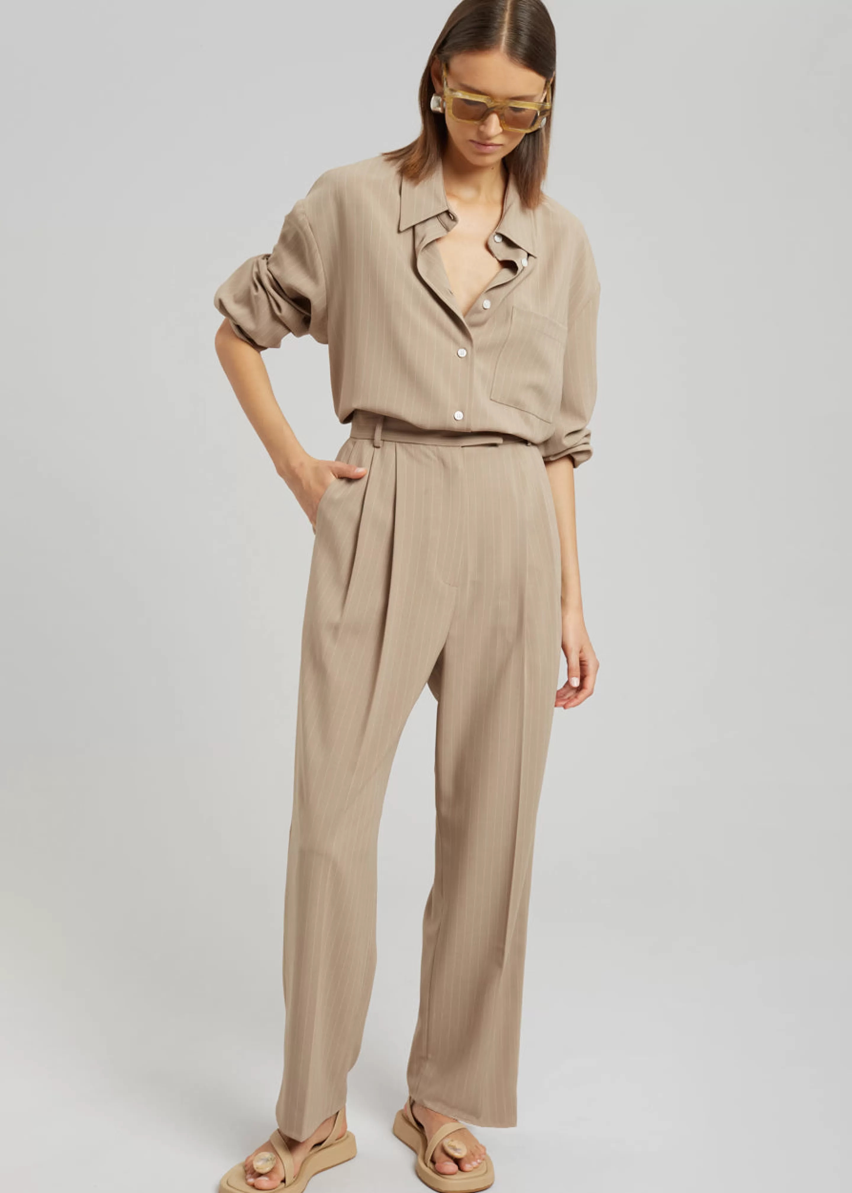 Bottoms | The Frankie Shop Bea Fluid Pinstripe Suit Pants Camel