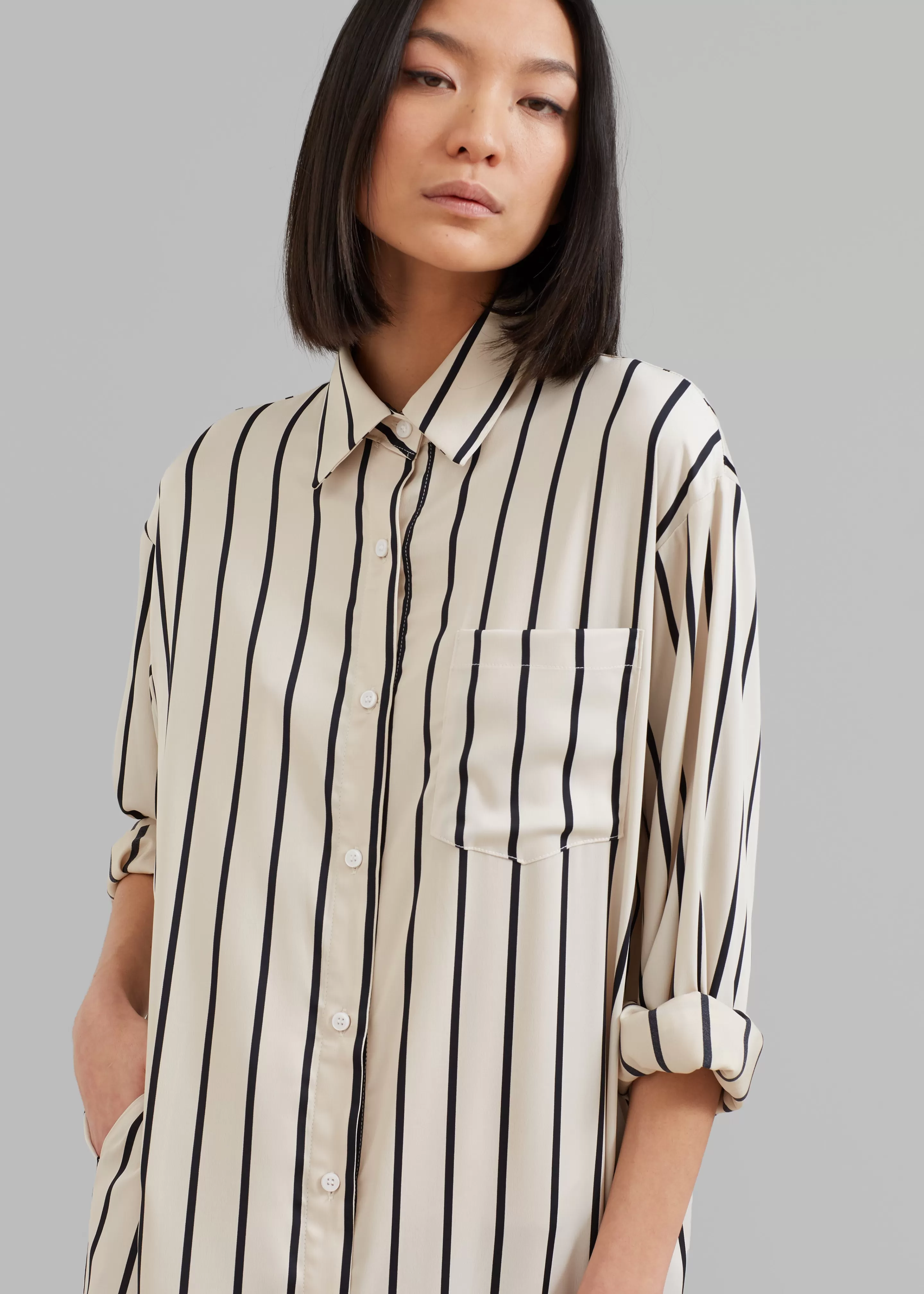 Dresses | The Frankie Shop Cala Satin Shirt Dress Black Stripe