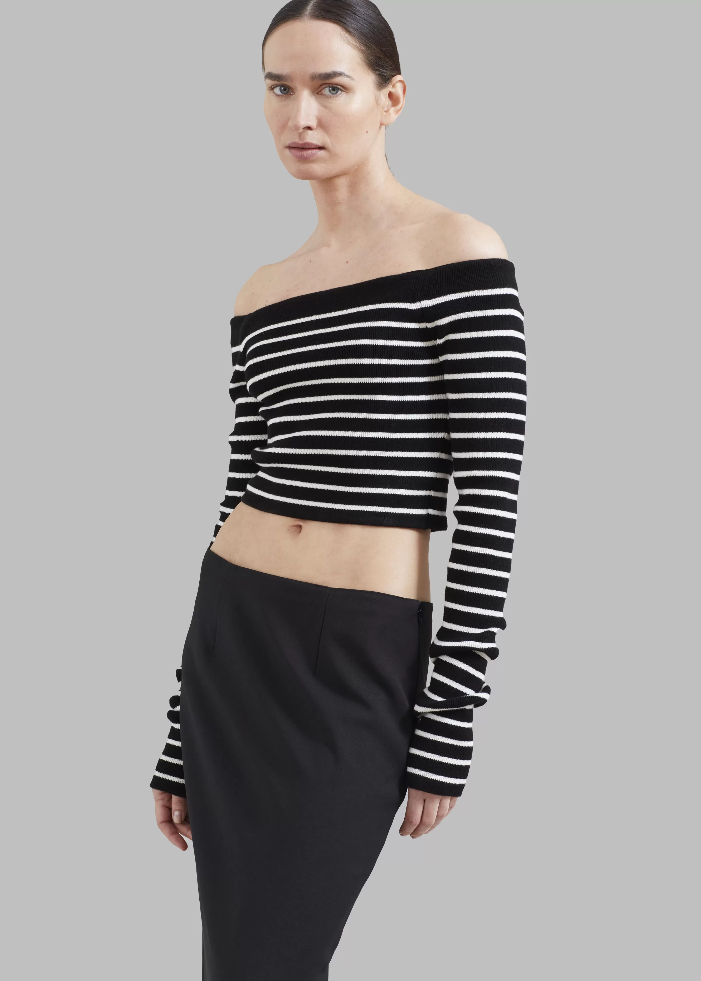 Knitwear | The Frankie Shop Coco Black Off Shoulder Sweater White Stripe