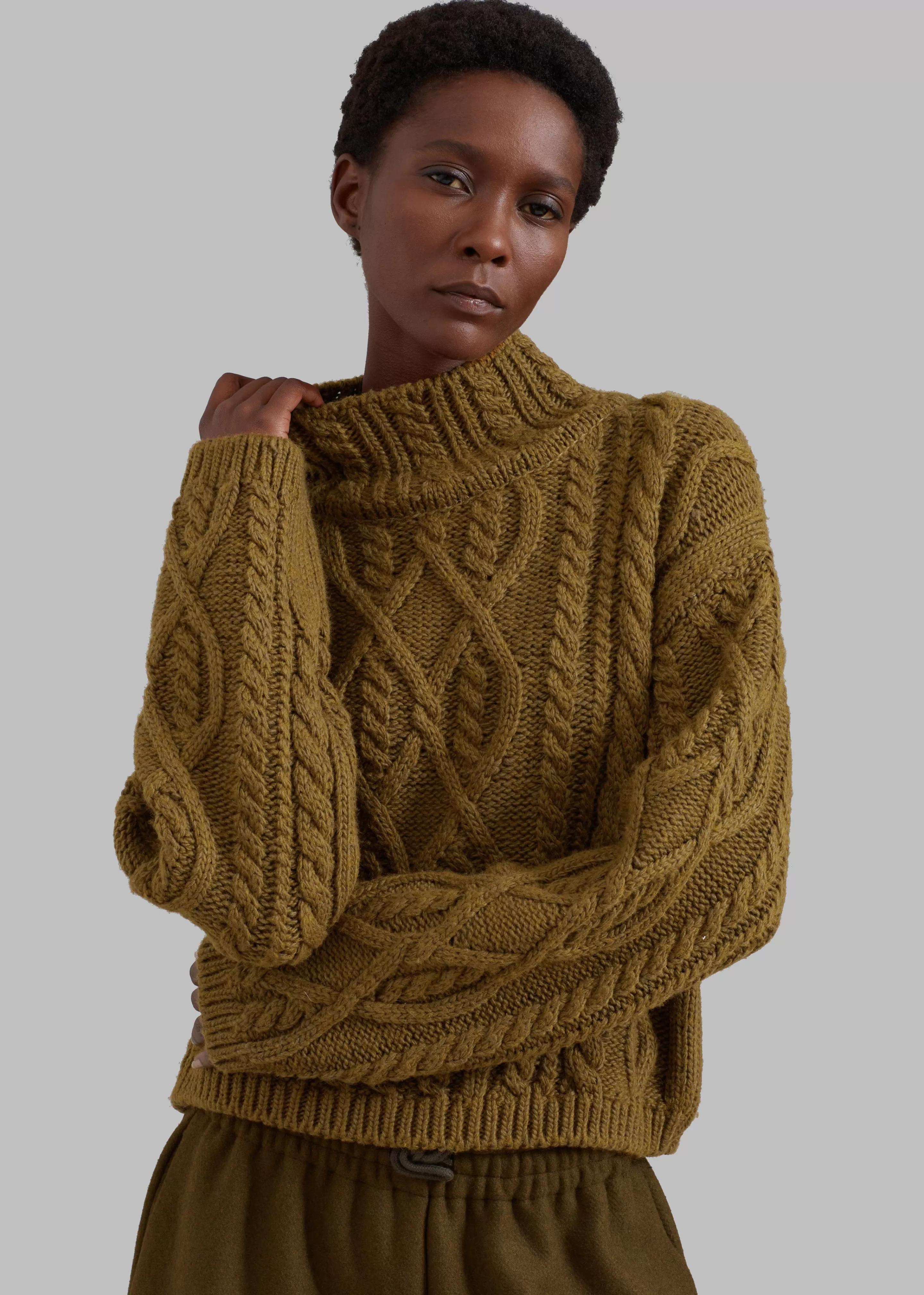 Knitwear | The Frankie Shop Devi Cable-Knit Mock Neck Sweater Khaki Brown