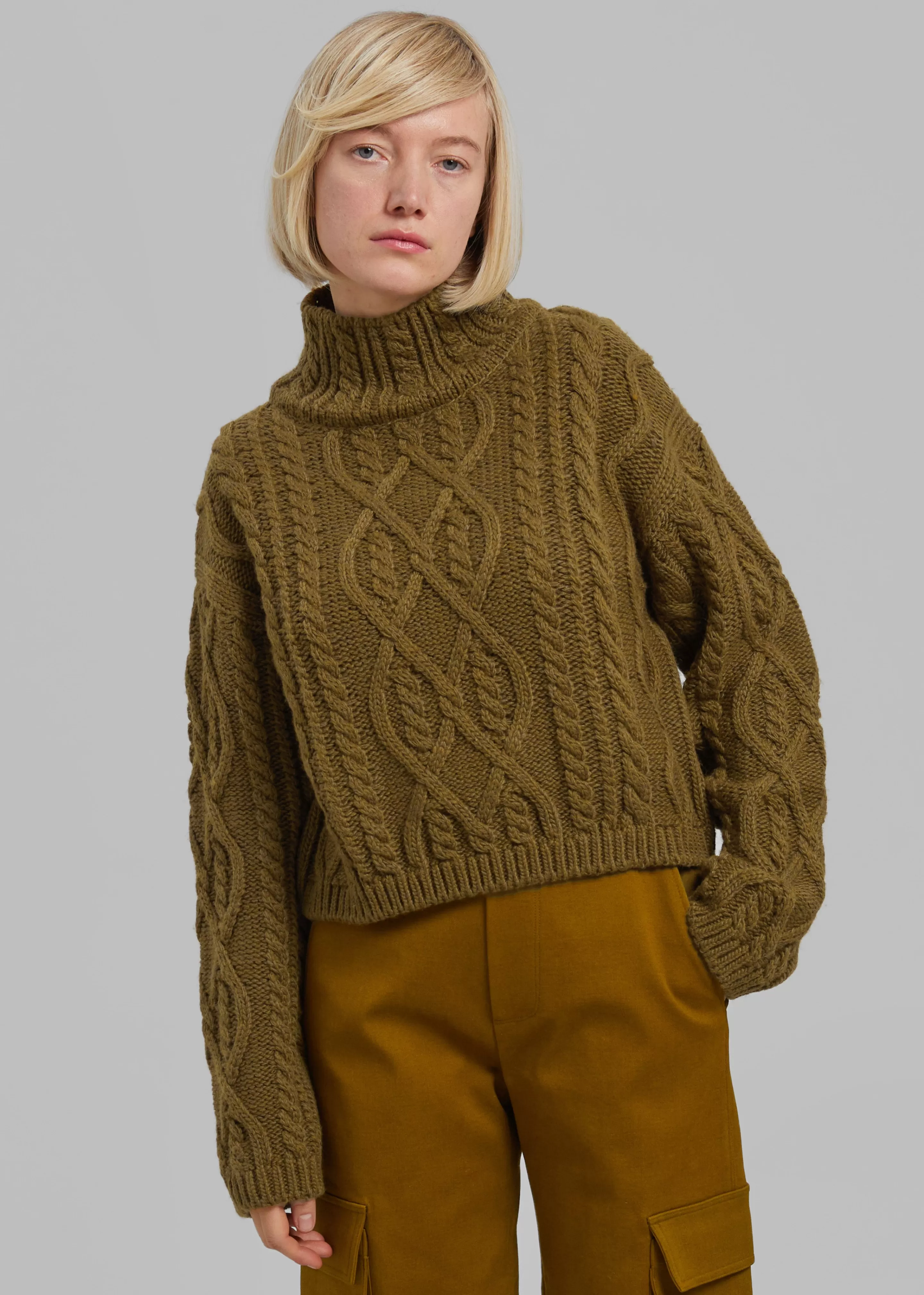 Knitwear | The Frankie Shop Devi Cable-Knit Mock Neck Sweater Khaki Brown