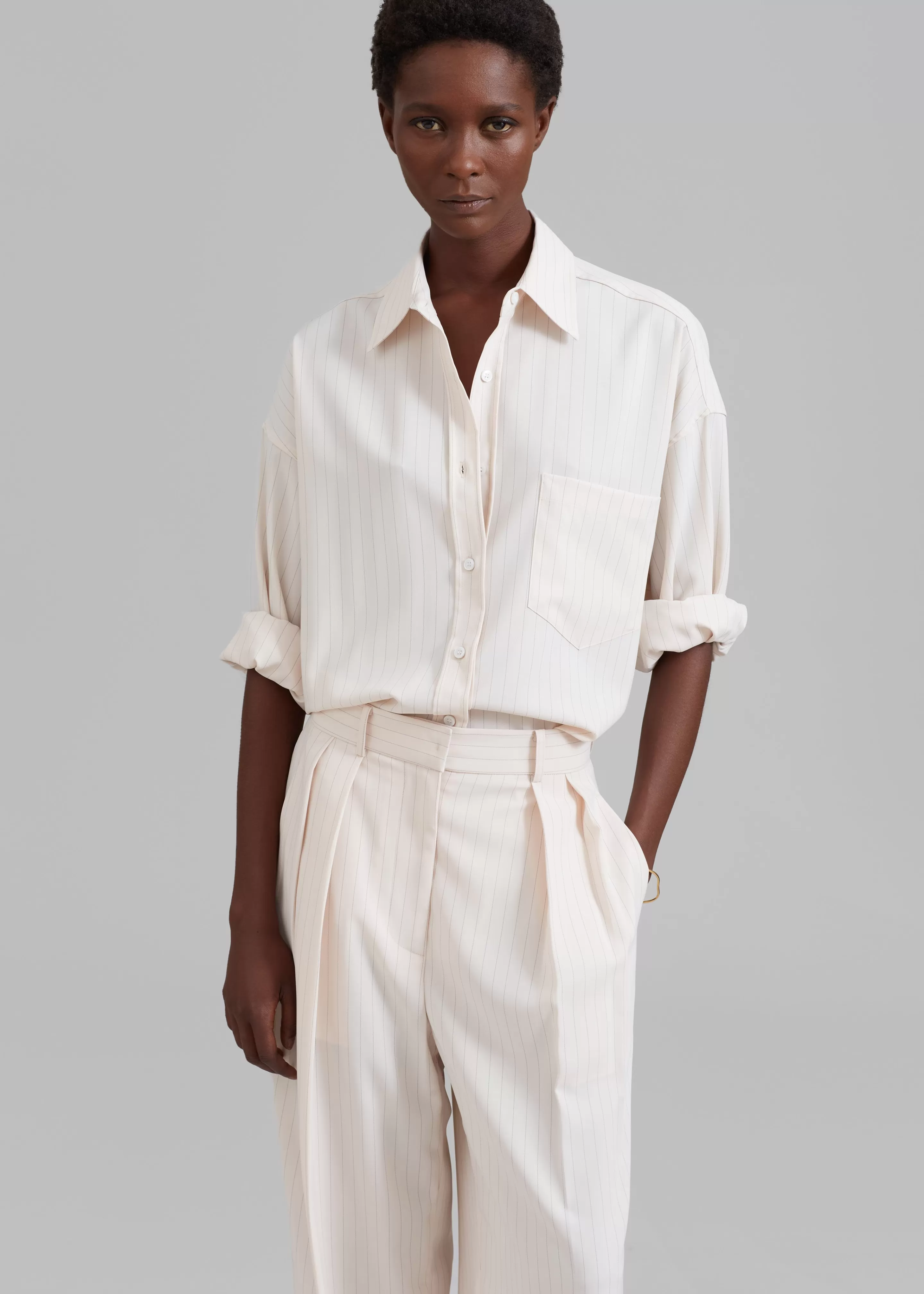 Tops | The Frankie Shop Georgia Fluid Shirt Beige Pinstripe