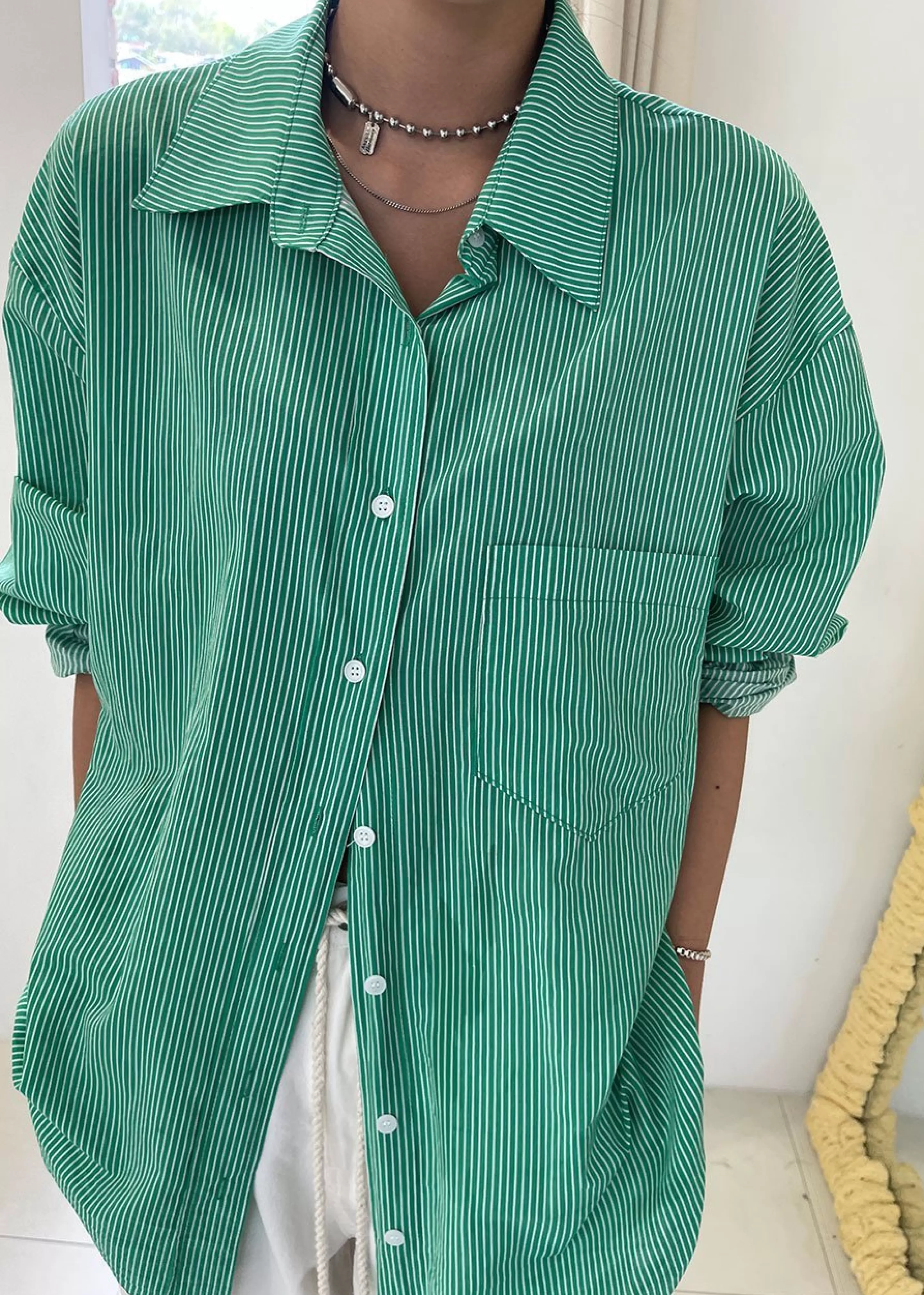 Tops | The Frankie Shop Idun Shirt Emerald Stripe