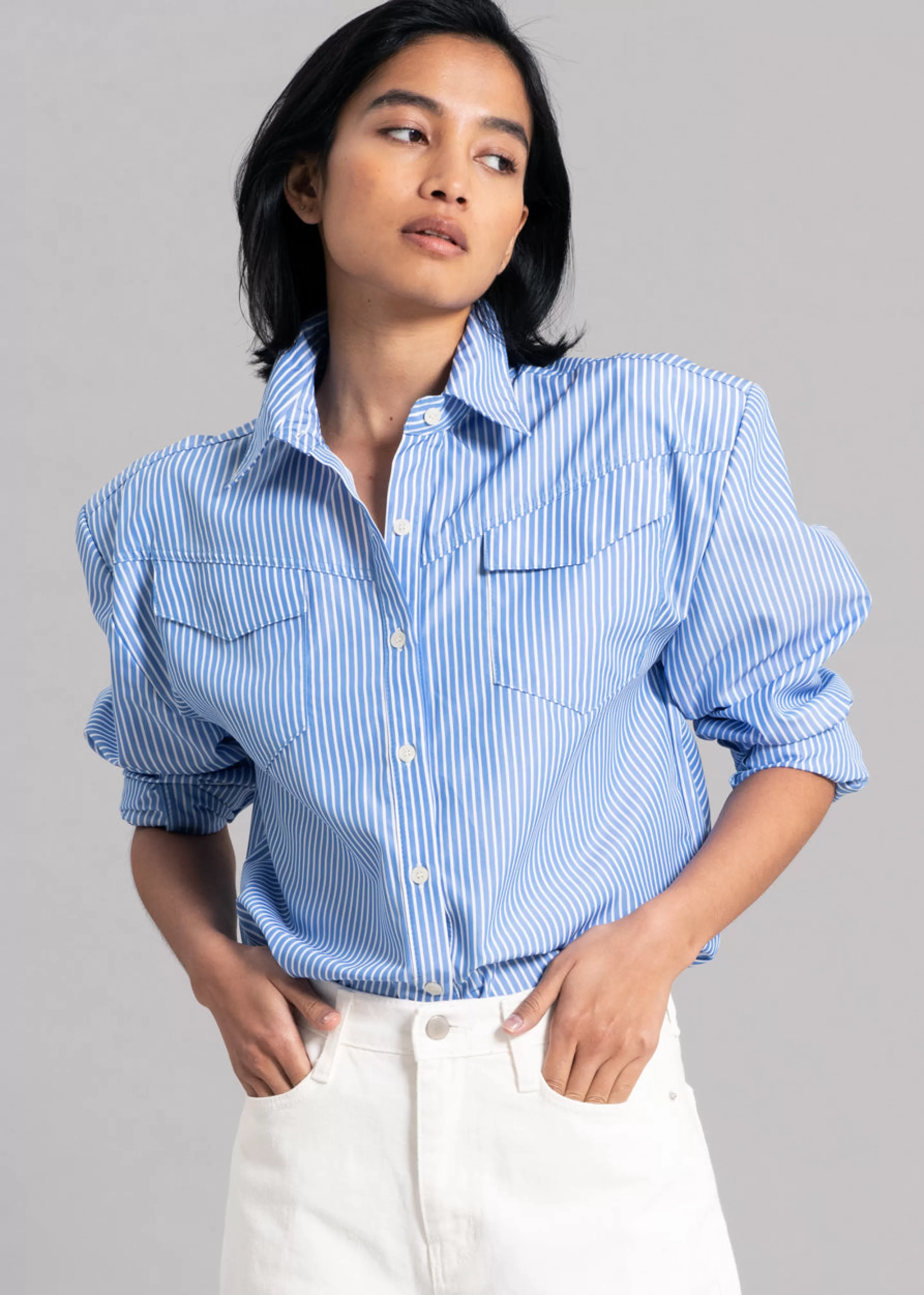 Tops | The Frankie Shop Jeanne Padded Shirt White Stripe