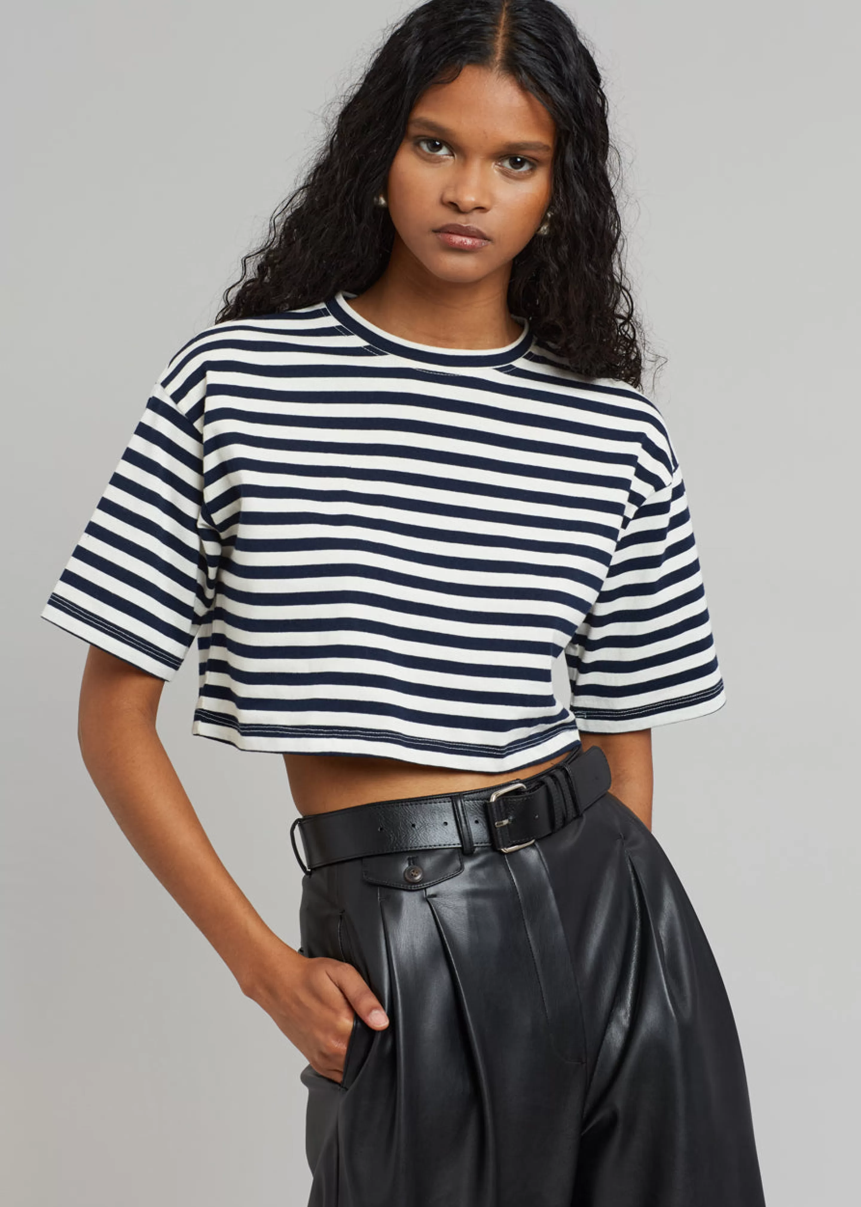 Tops | The Frankie Shop Karina Cropped T-Shirt Navy/Off White