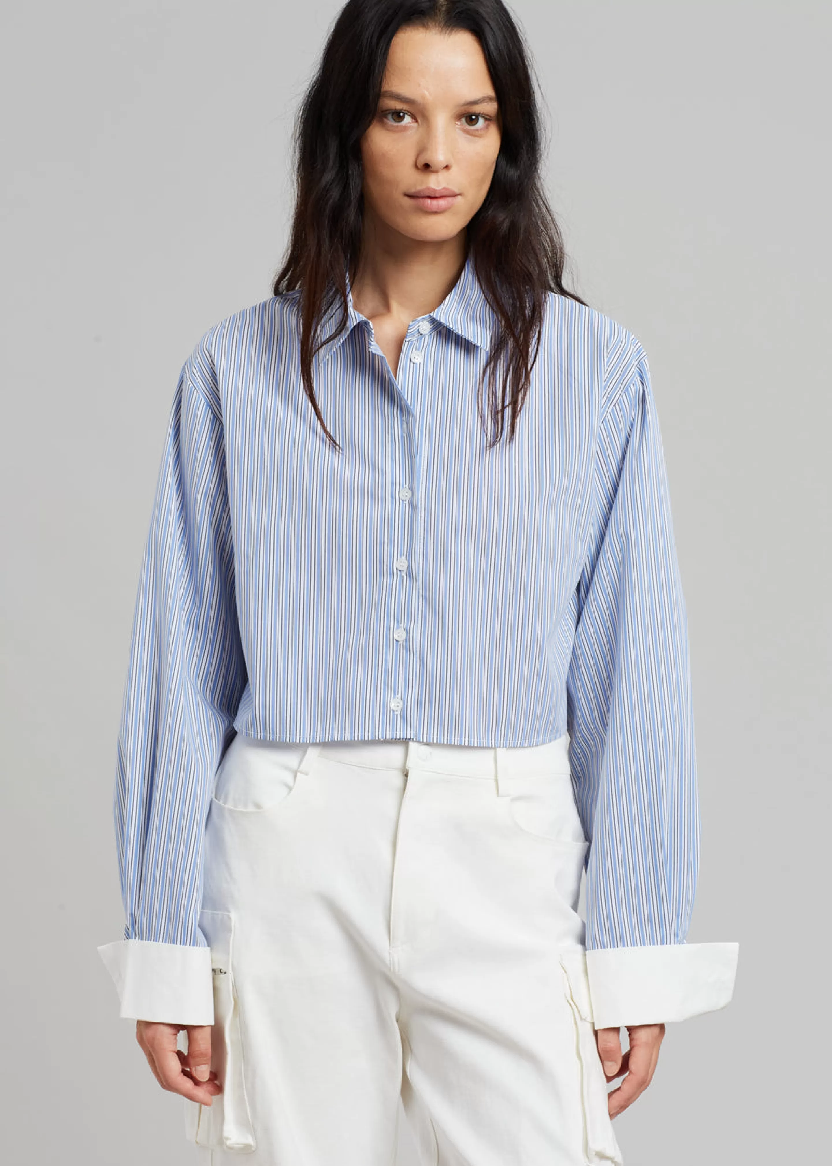 Tops | The Frankie Shop Lil Contrast Cuff Shirt Blue Stripe