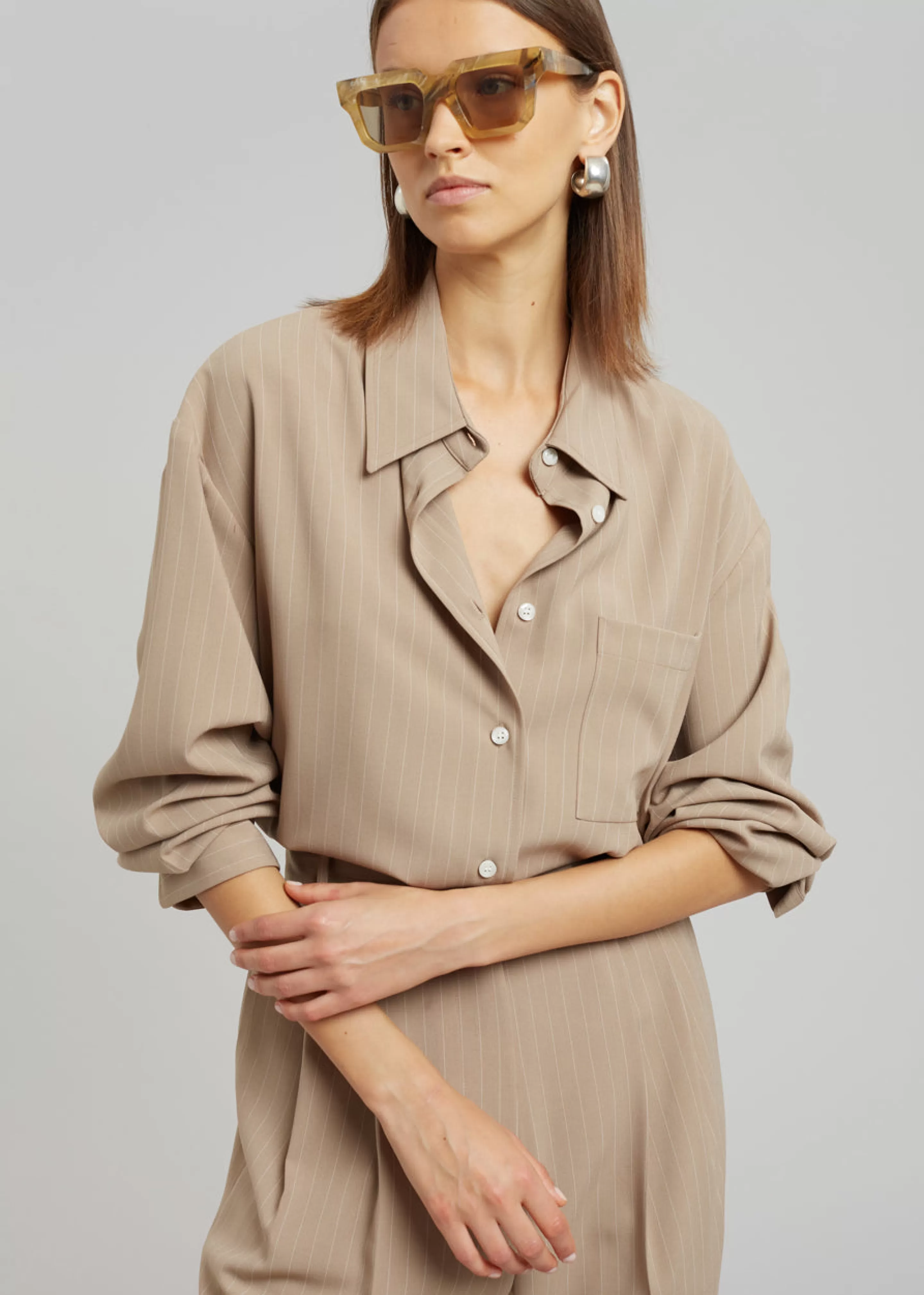 Tops | The Frankie Shop Lui Fluid Pinstripe Shirt Camel