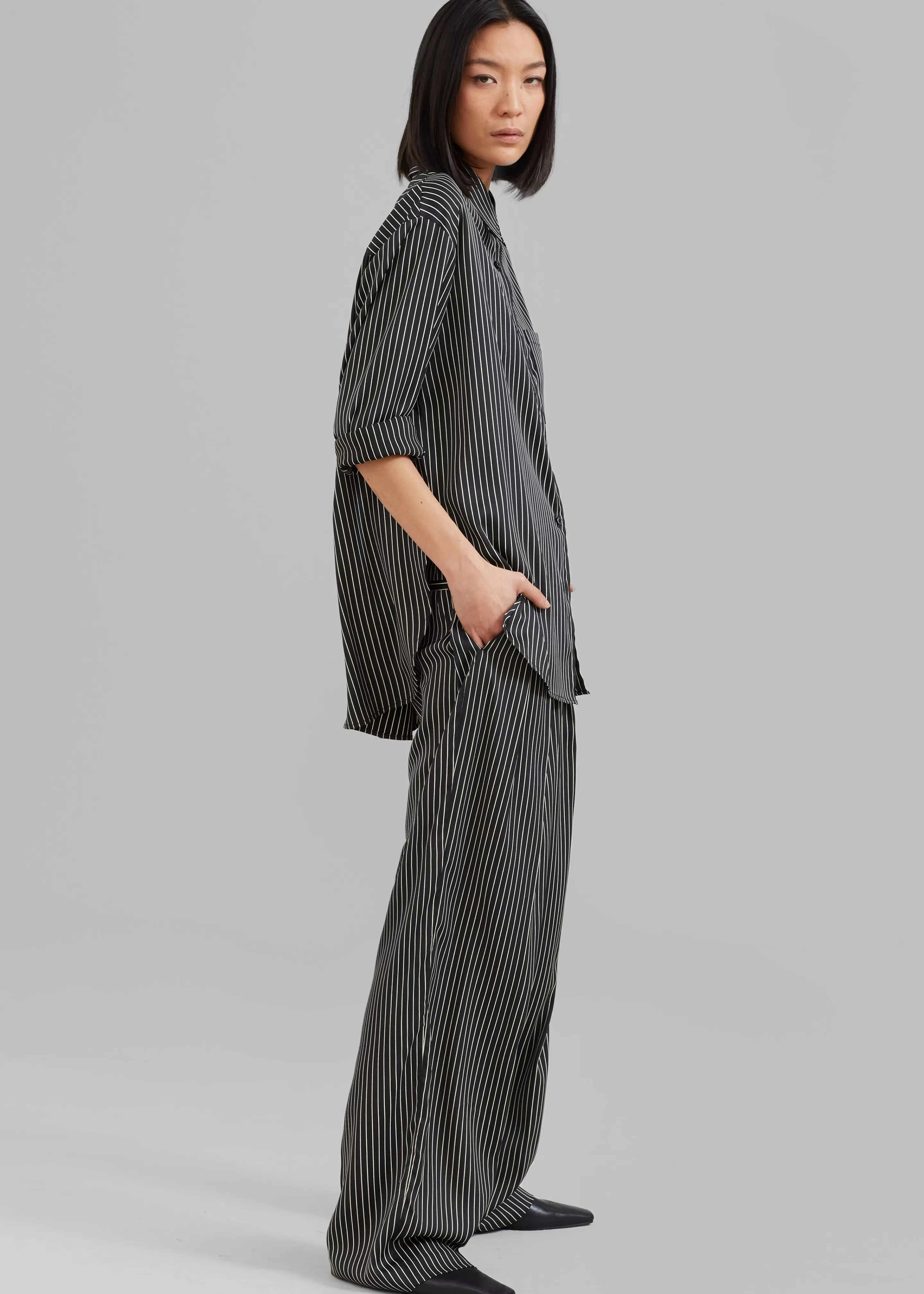 Tops | The Frankie Shop Lui Satin Shirt Black Pinstripe