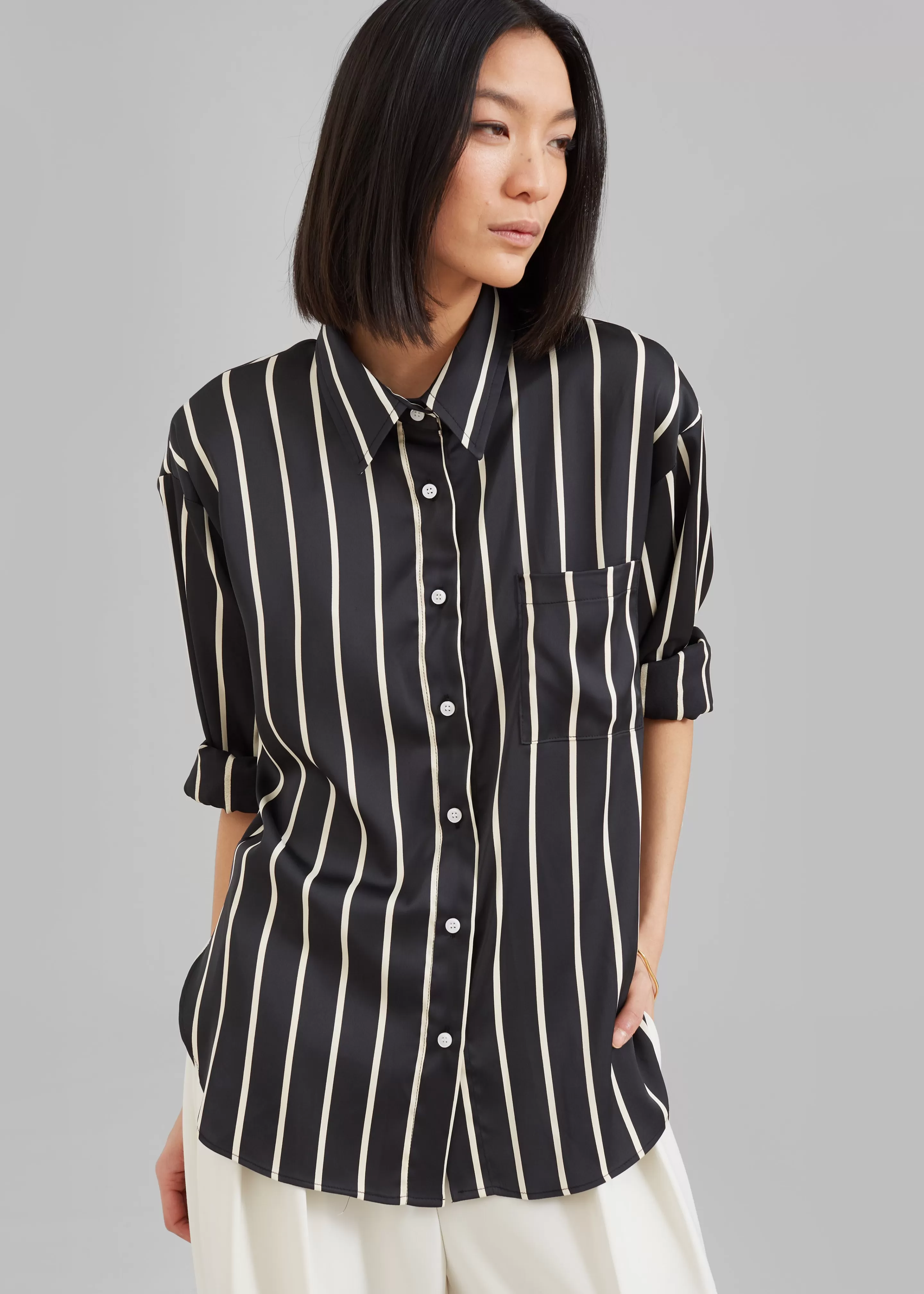 Tops | The Frankie Shop Lui Satin Shirt Beige Stripe