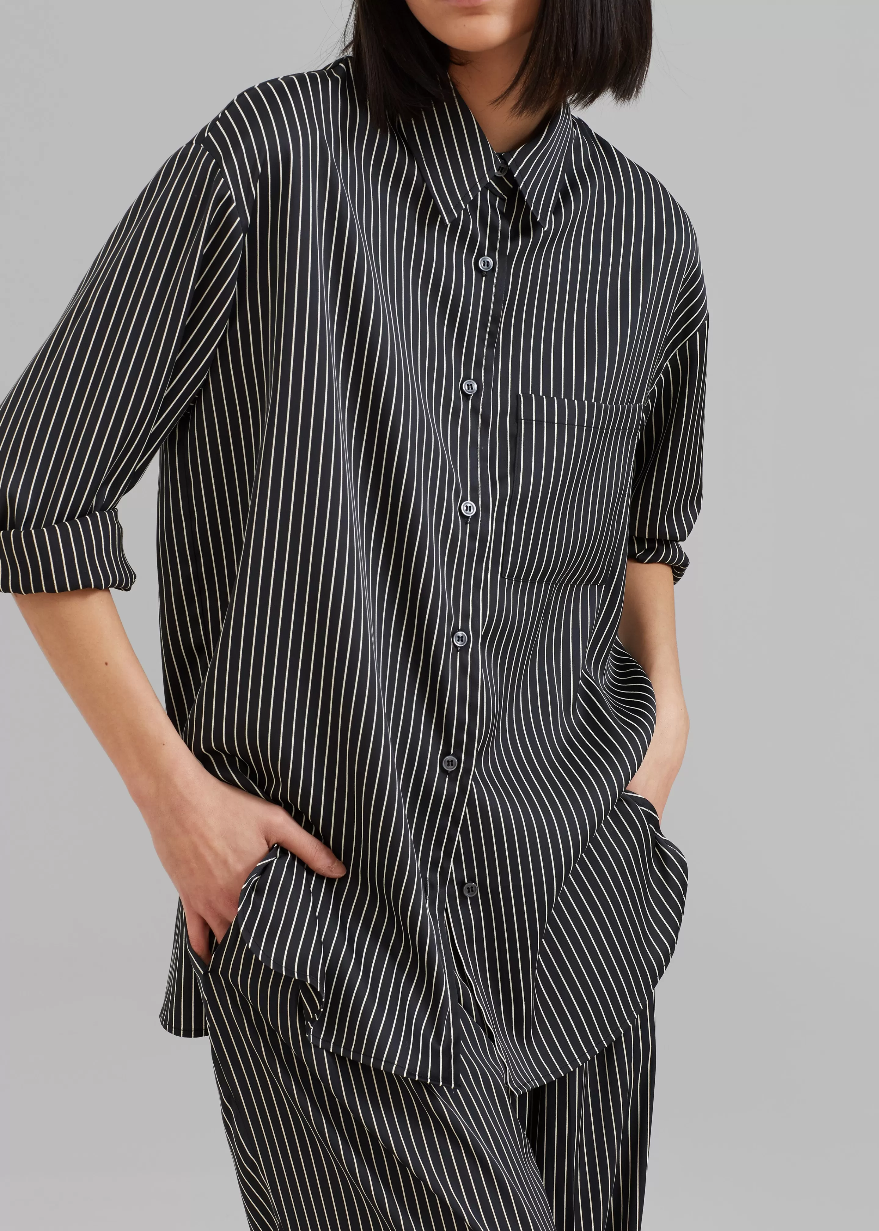 Tops | The Frankie Shop Lui Satin Shirt Black Pinstripe