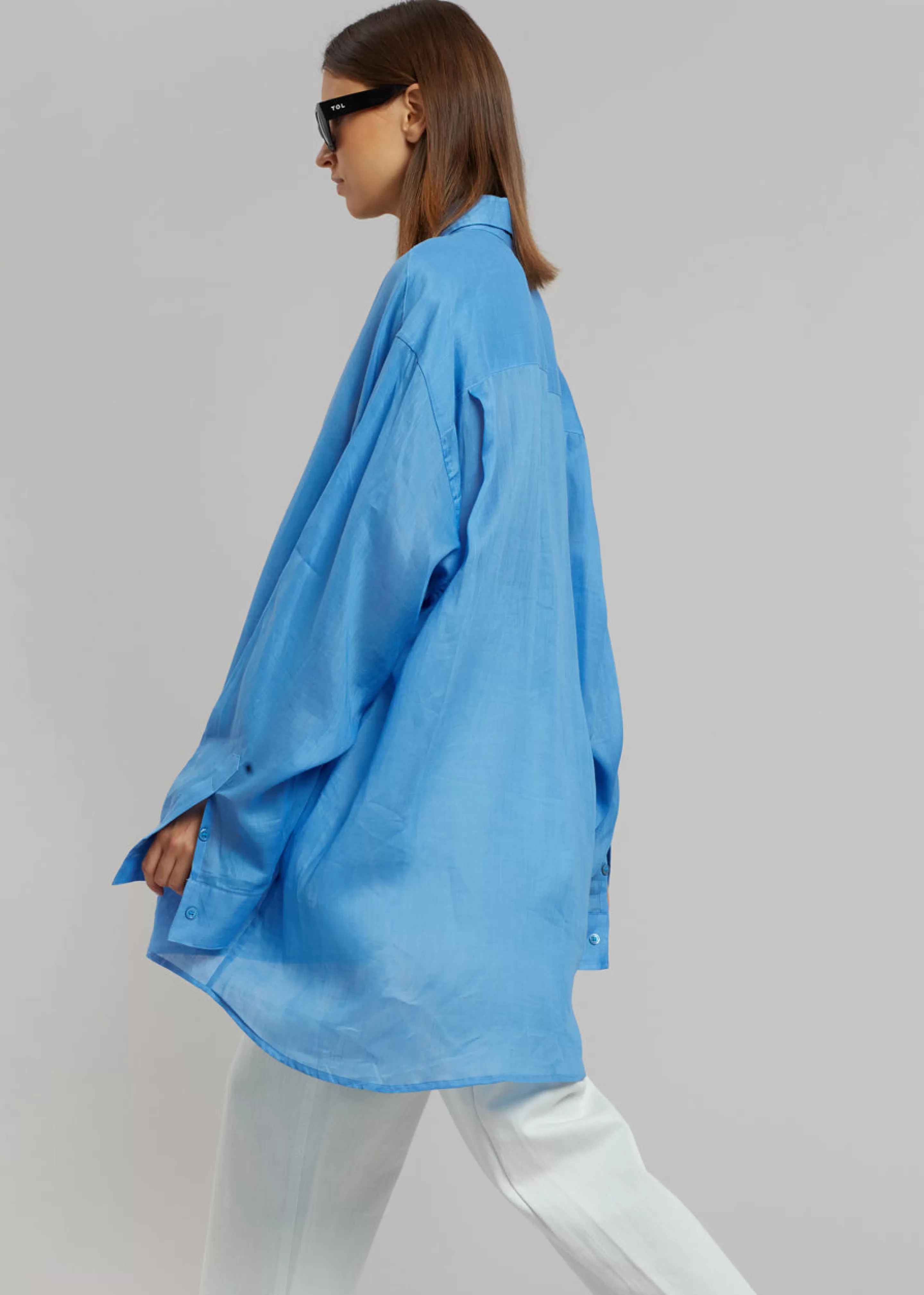 Tops | The Frankie Shop Marlow Oversized Linen Shirt Blue