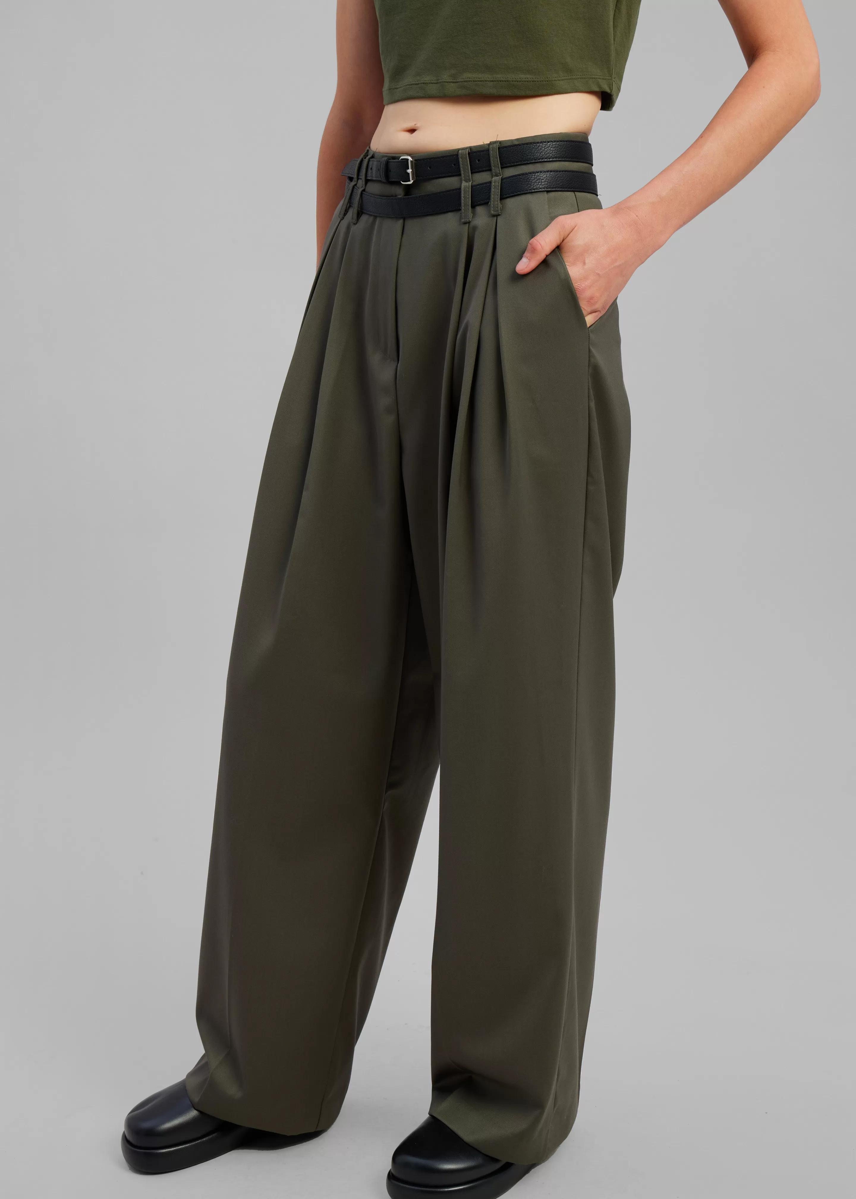 Bottoms | The Frankie Shop Nellie Belted Pleated Pants Olive