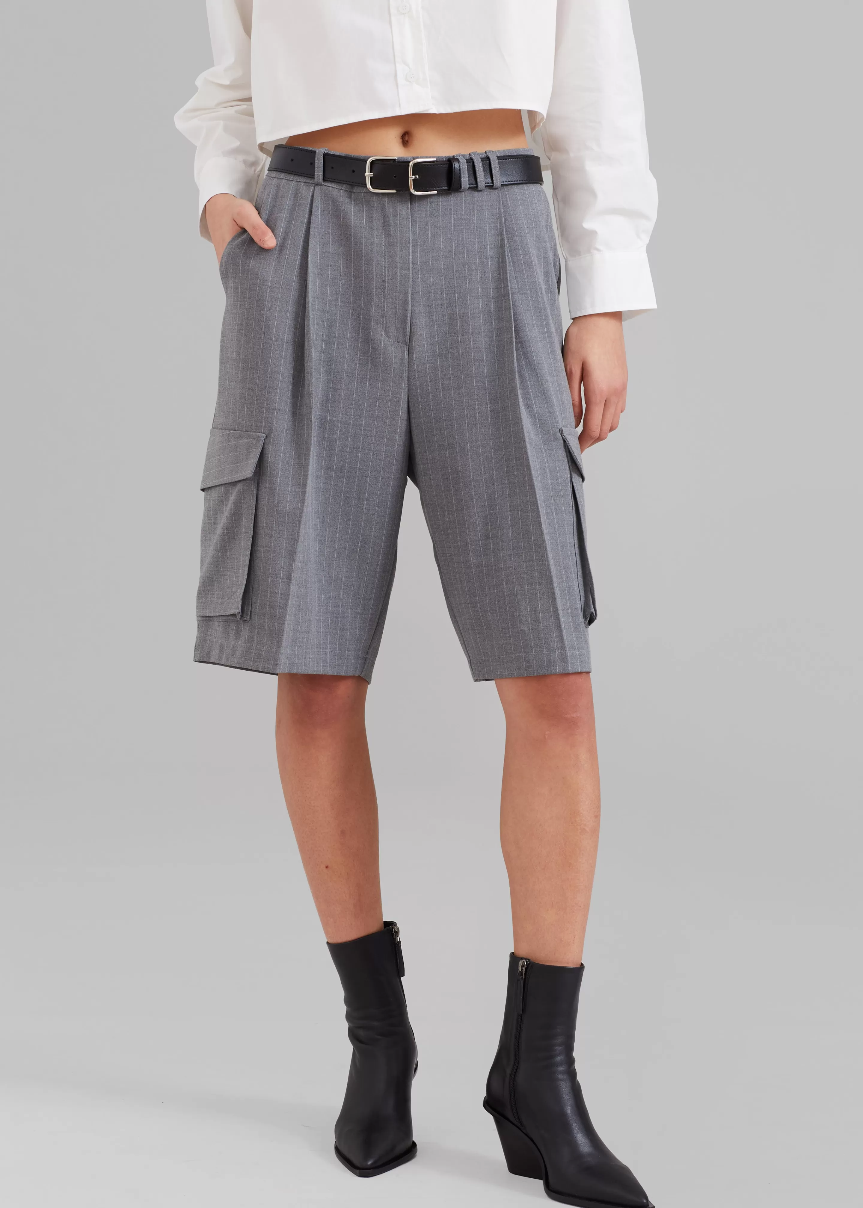 Bottoms | The Frankie Shop Omoka Cargo Trouser Shorts Grey Pinstripe