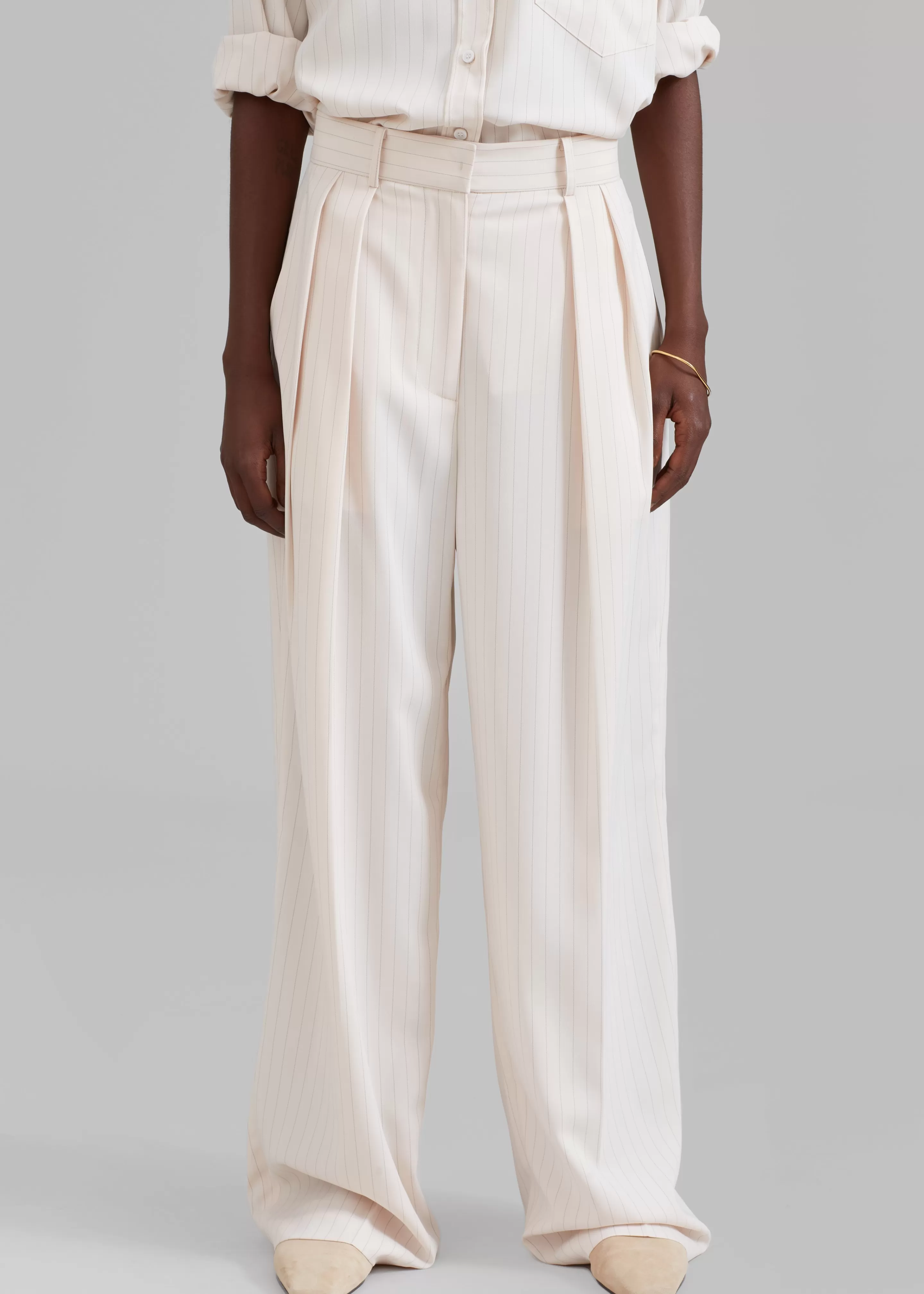 Bottoms | The Frankie Shop Tansy Fluid Pleated Trousers Beige Pinstripe