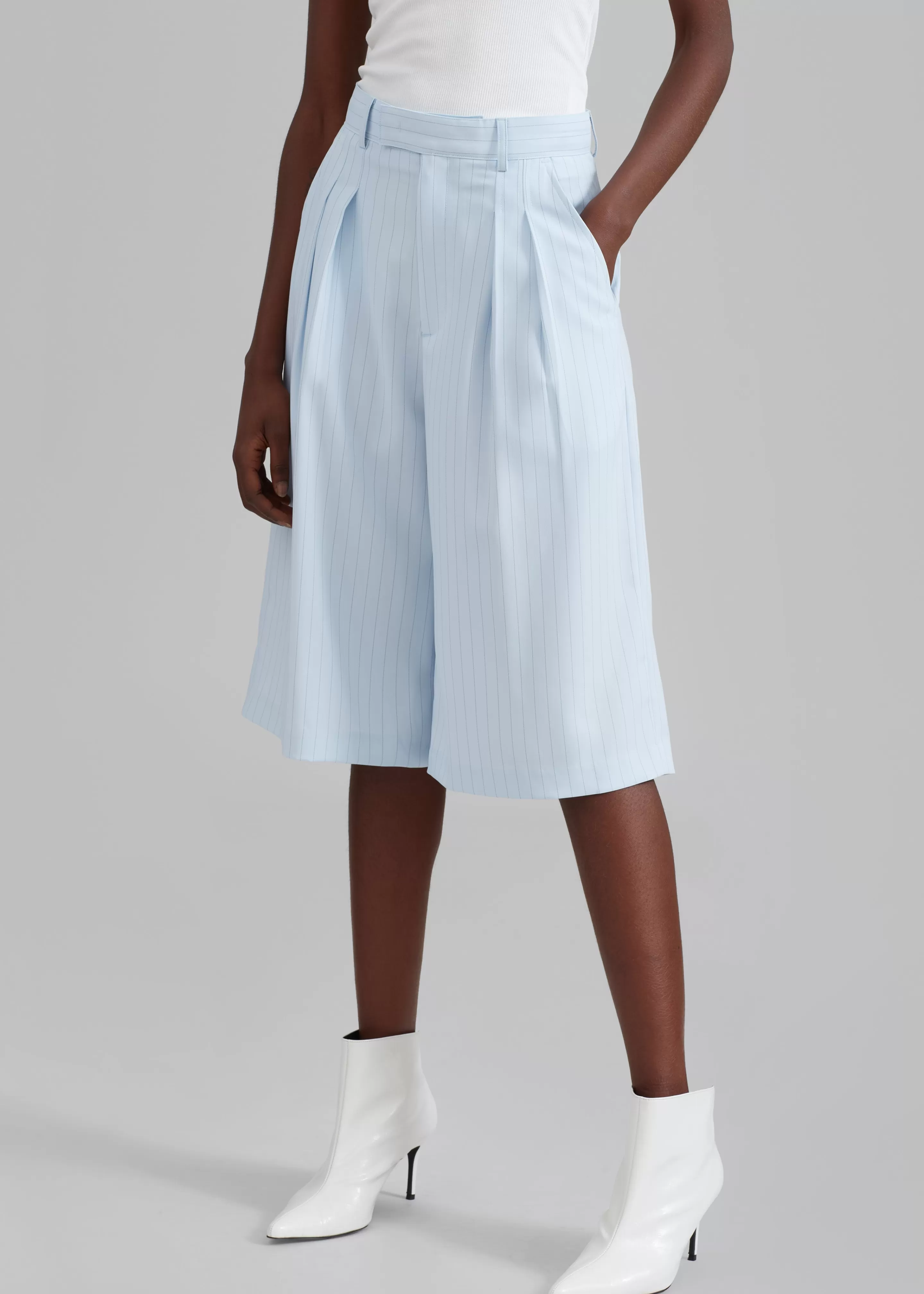 Bottoms | The Frankie Shop Vivian Fluid Pleated Bermuda Shorts Blue Pinstripe